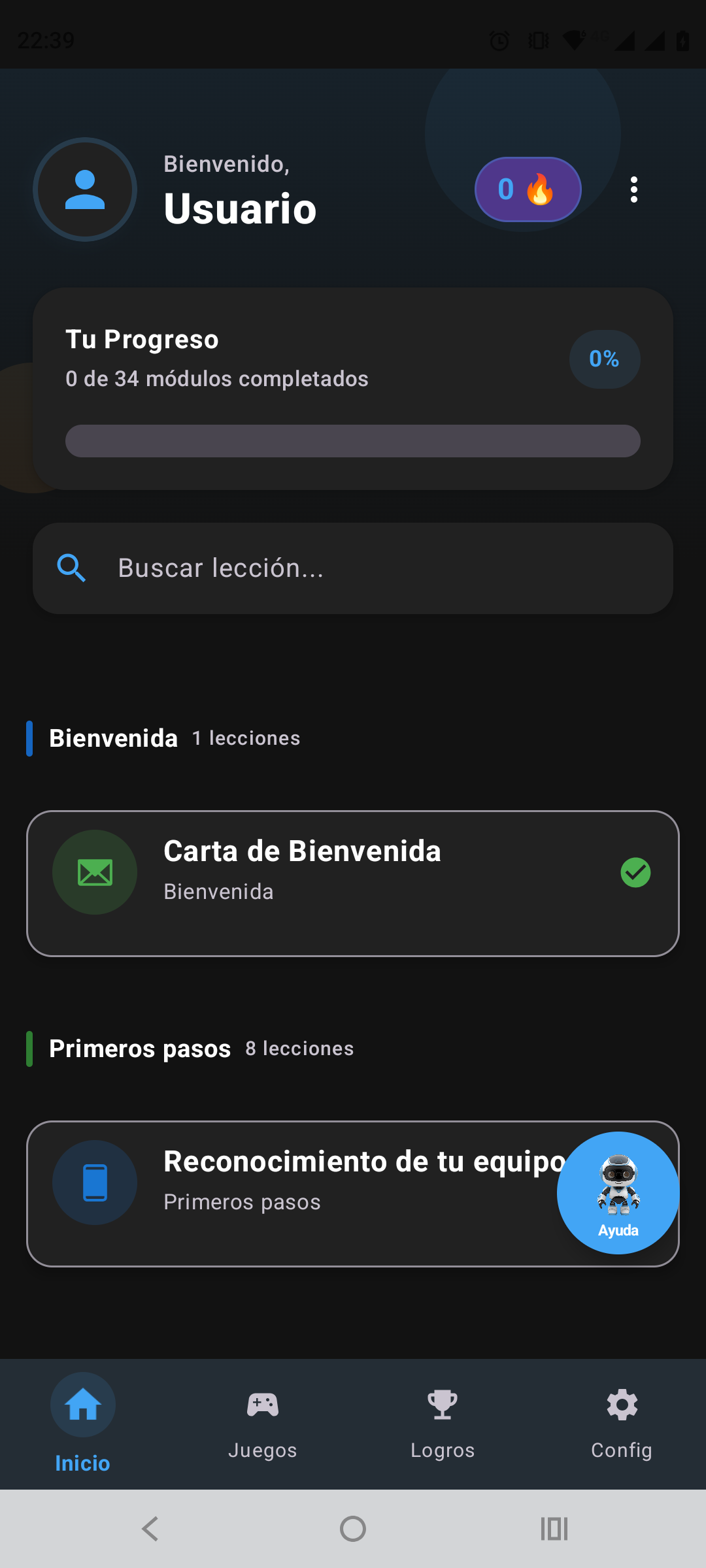 Pantalla de inicio de TuCelu mostrando el progreso de aprendizaje