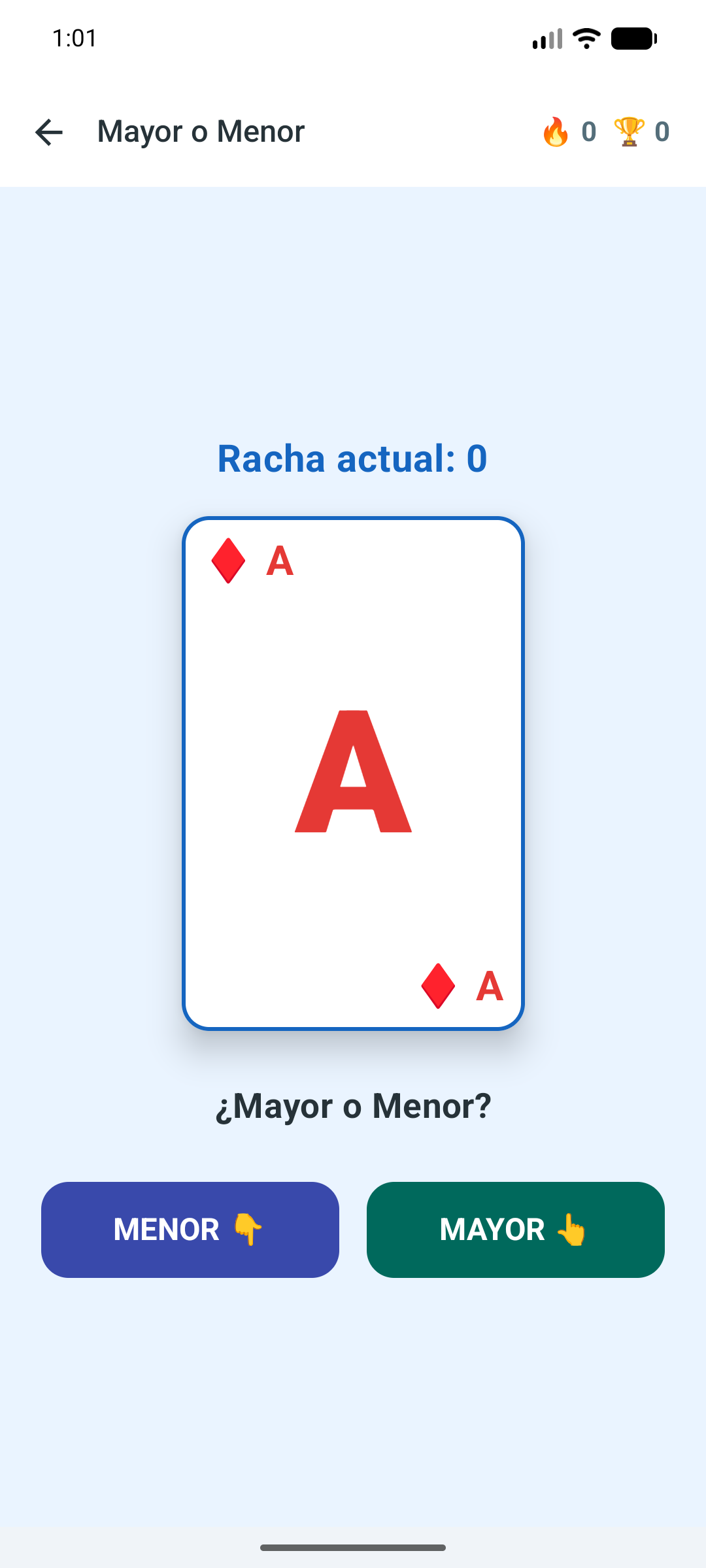 Juego Mayor o Menor de TuCelu con cartas y botones táctiles grandes