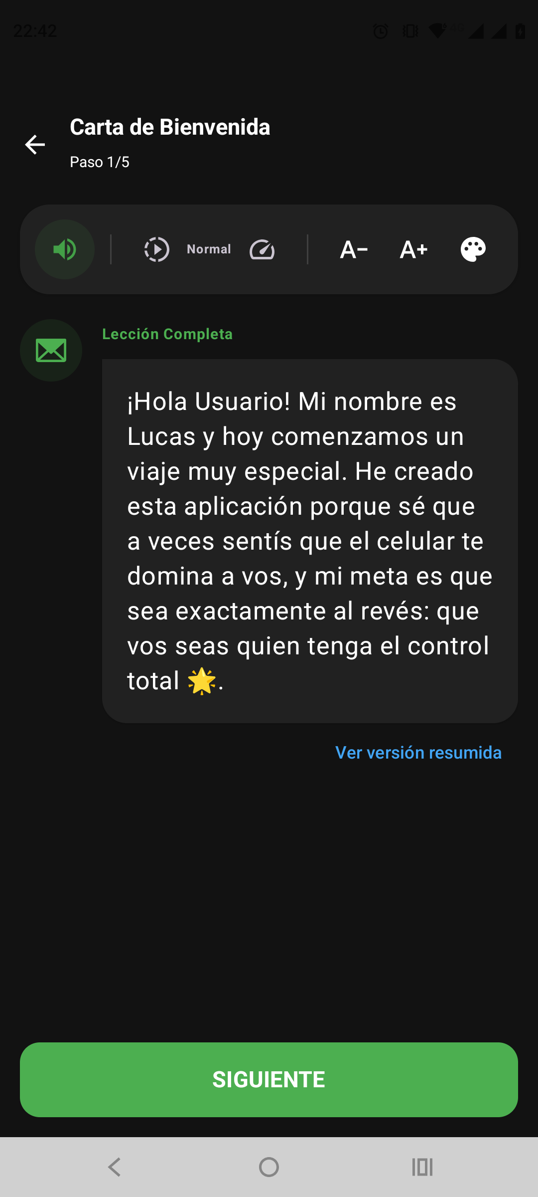 Lección de TuCelu con controles accesibles